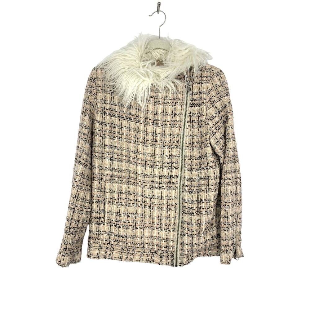 Lovers + Friends Jacket Women's Size XS Tweed Fur Trimmed Asymmetrical Zip Tan